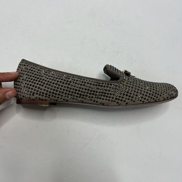 Tory Burch 7M Chandra Sparkle Smoking Slipper Loafer Crystal Studs Bow Taupe - Picture 7 of 8